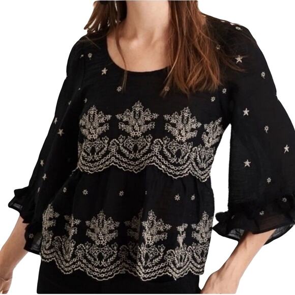 American Eagle Boho Black Embroidered Bell Sleeve Top with Tassels Size M - Picture 1 of 9